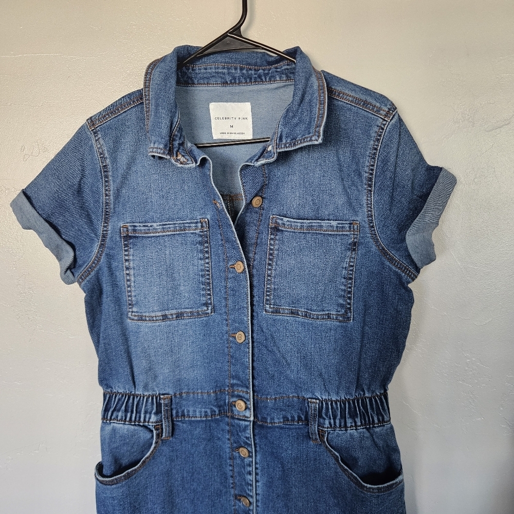 Celebrity Pink Women's Medium Denim Blue Jumpsuit Short Sleeve Cuffed Hem Cargo - Picture 2 of 8